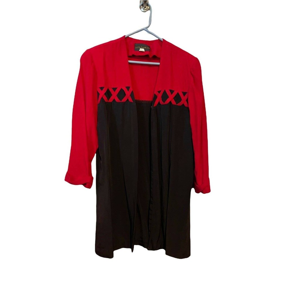 Just In Thyme Open Front Cover Up Women 14 Red Black Color Block Office Cardigan